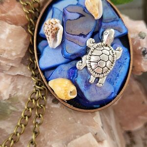 Blue As The Sea Abalone Necklace Embedded With A Sea Turtle, Real Shells